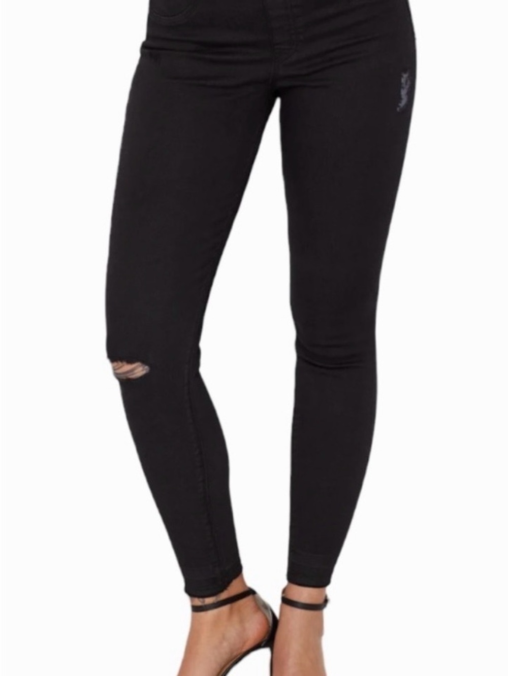 SPANX Black Distressed Jeans Leggings | High Rise Skinny Raw Hem Stretch Sz L